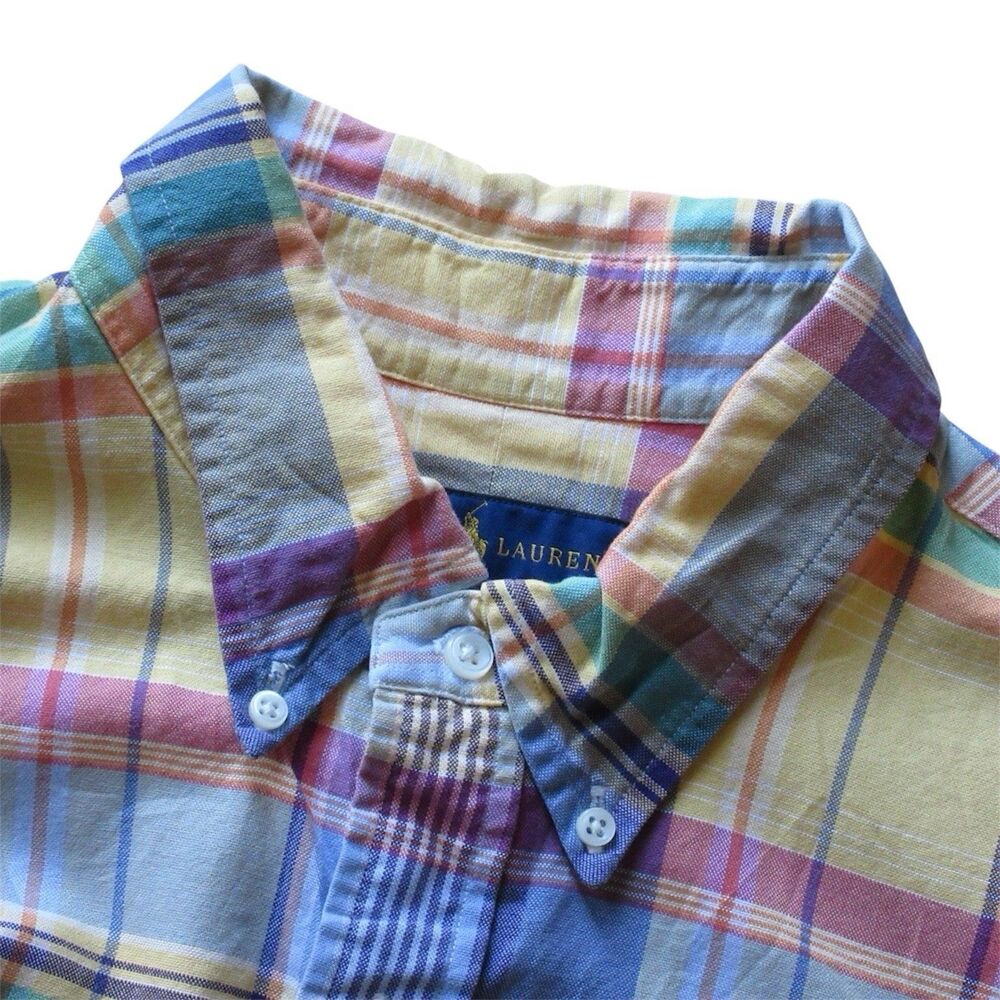 Ralph Lauren Men's XL Yellow Blue Plaid Cotton Long Sleeve Button Down Shirt